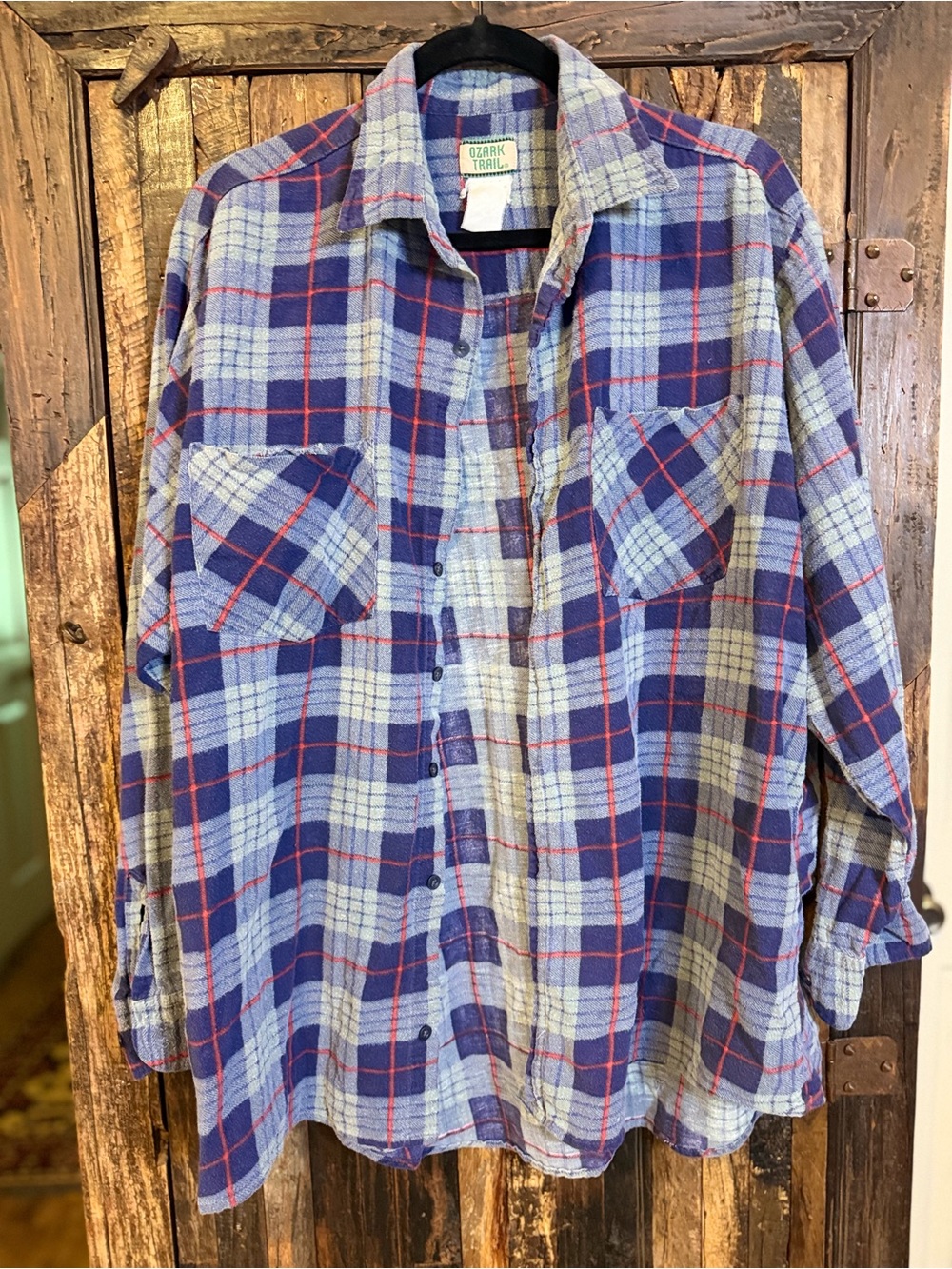 Vintage 80s 90s Ozark Trail Flannel Shirt Mens Blue Red Plaid Grunge Workwear